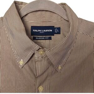Vintage Ralph Lauren Golf Classic Fit Striped Button Down Shirt Men Size L Brown